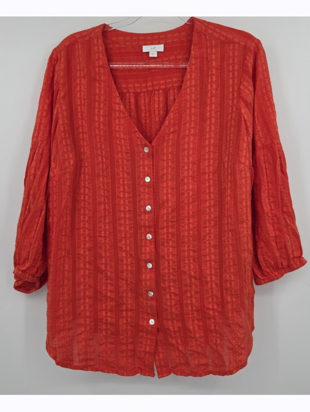 J. Jill Button Front Blouse 3/4 Sleeve XL Orange Embroidered Floral Detail